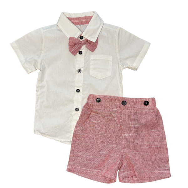 Ensemble-Abel chemise short cérémonie nœud pap rouge chiné enbouclekids